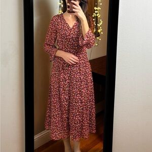 Madewell floral classy faux wrap V-Neck Midi Dress quarter sleeve size  XS 0